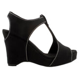 Wedge Sandal | Black with White Stitching