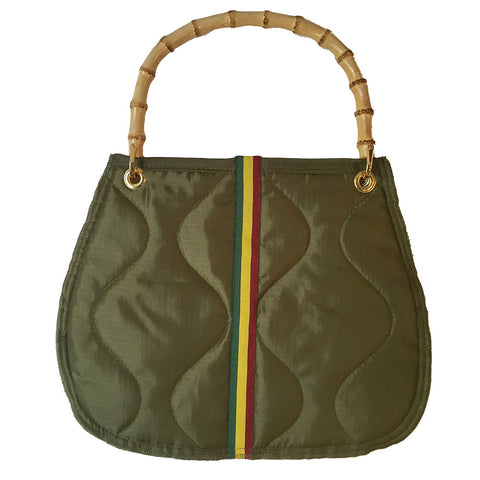Quilted Nylon Bamboo Handle Bag | Olive