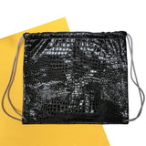 Drawstring Backpack in Black Embossed Croc with Grey Straps